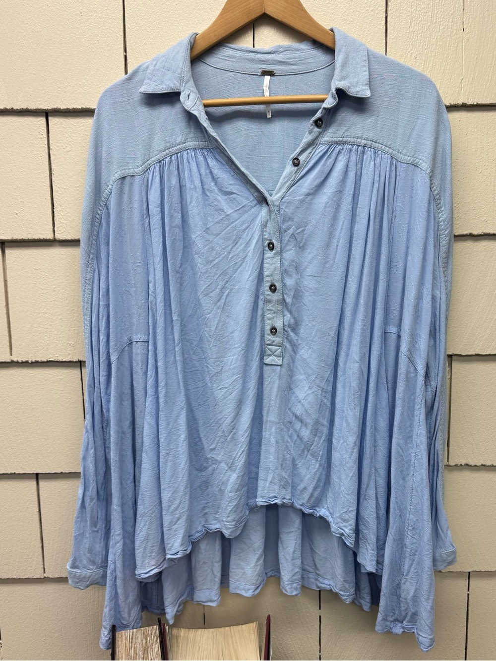 Free People Baby Blue Oversized Top Long Sleeve High Low Blouse Size M Button Up